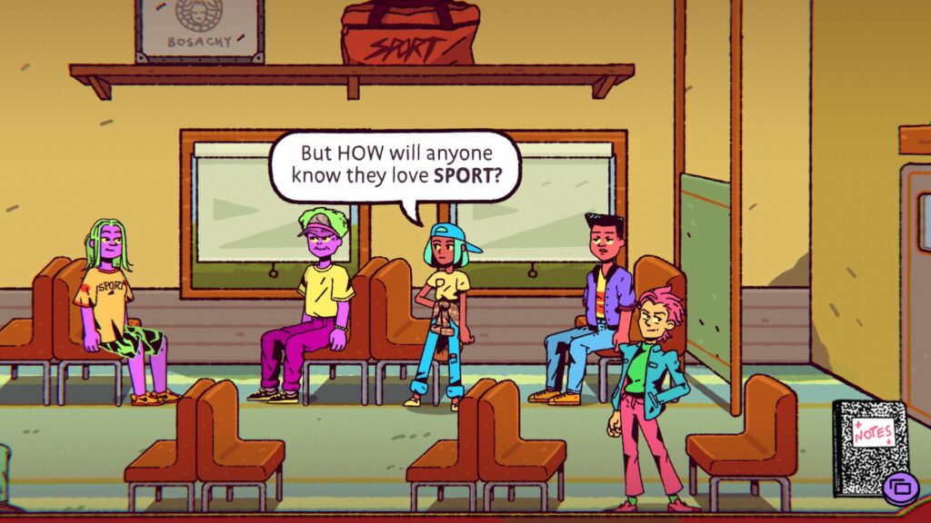 Ali stands on a train, saying “But HOW will anyone know they love SPORT?” referencing the bag with Sport written on it in the luggage hold above