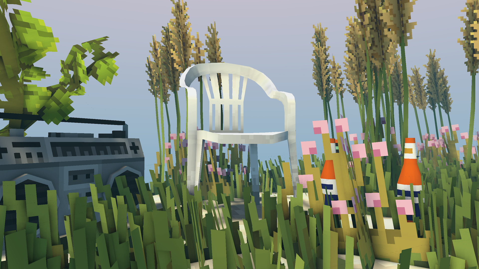 A plastic lawn chair is overgrown by grass, with bottles of beer and a radio next to it, with a grey blue sky.