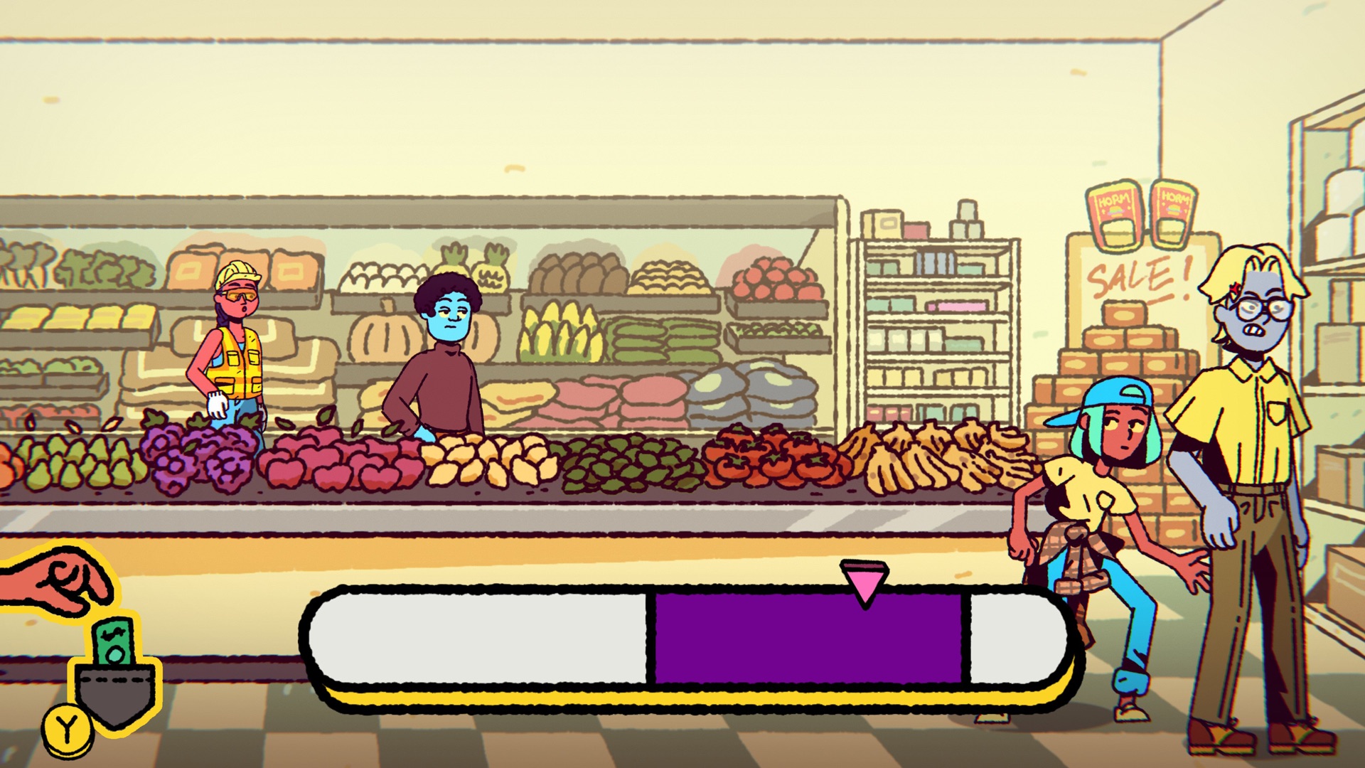 Ali tries to pickpocket a blonde man in a grocery store, with the pickpocket bar at the bottom of the screen