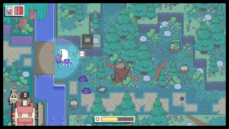 Concord whacks a Rot with his sword in a forest area.