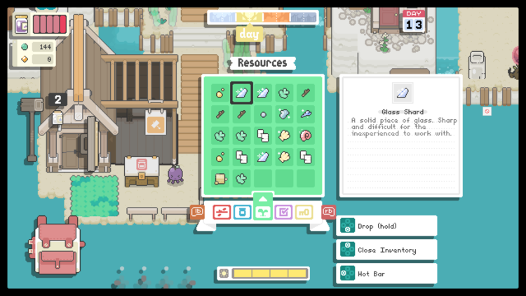 The resource menu in Garden Story, highlighting a glass shard.