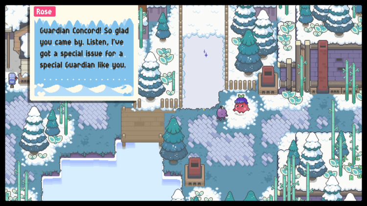Concord talks to Rose in a snow-covered village, who says 'Guardian Concord! So glad you came by. Listen, I've got a special issue for a special Guardian like you.'
