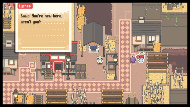 Lychee greets you with 'Sawp! You're new here, aren't you?' in an autumnal village.