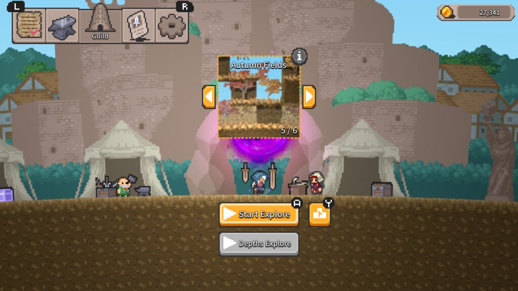 pixelated image of Rogue Explorer base camp with a castle background.