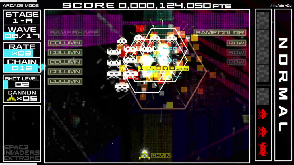 On the left information is given about the stage, wave, rate, chain, shot level and number of cannons, in the middle are white invaders with several hexagon outlines place over each other and neon colours faded into the background