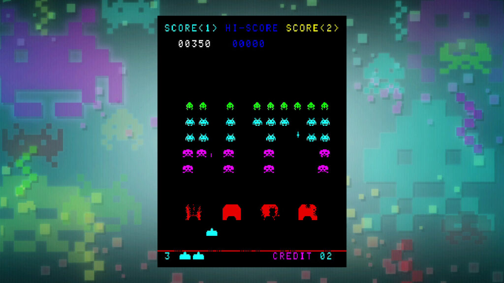 Invaders are in the middle of the screen above half destroyed defences and a defender at the bottom of the screen