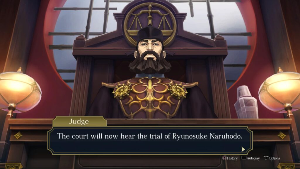 The judge sits down, looking over the courtroom.