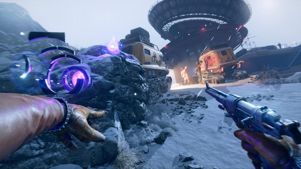 A silenced gun aims towards a group of people near a snowmobile