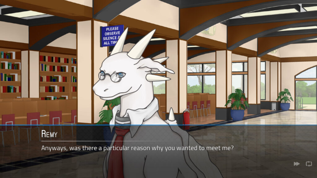 A meeting with one of the scientist dragons, Remy, in a library.