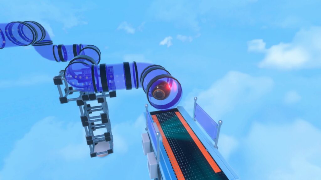 A descending winding tunnel in the background with the orbibot coming out of its end onto a long platform in the foreground