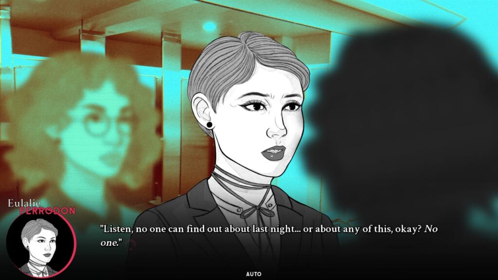 A black and white character says "Liten, no one can find out about last night"