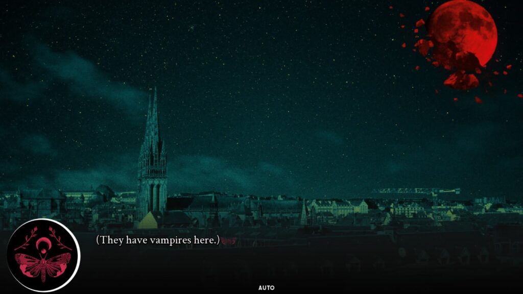 A city under the night sky of a blood red moon