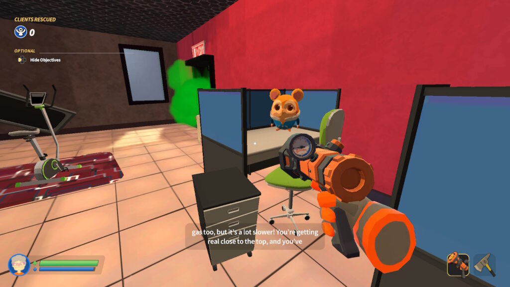On the left is an exercise bike, on the right are office cubicles with chairs, in the centre is the water gun.