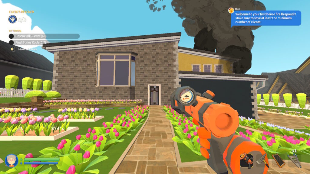 The water gun is in the middle of the screen with a house and garden behind. in a residential area. Smoke is coming from the roof of the house.