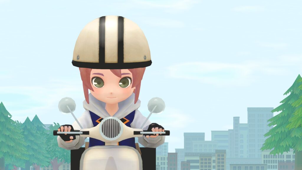 My protagonist rides a white motorbike with a black and white helment on, with a city skyscape in the background.