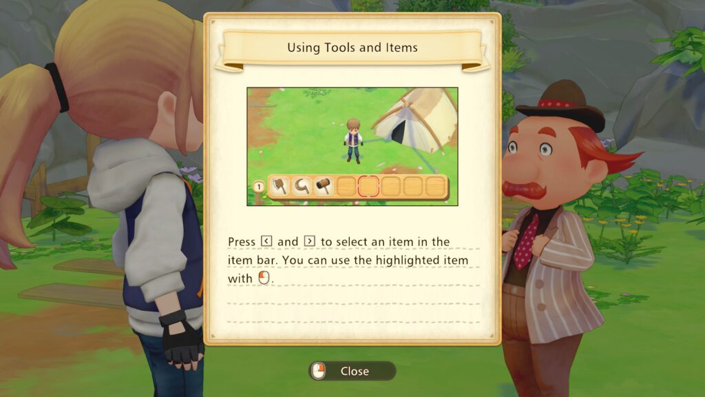 A dialogue box in the center of the screen shows how to use tools and items with the arrow keys and left click on the mouse, while my protagonist and the mayor stand in the background.