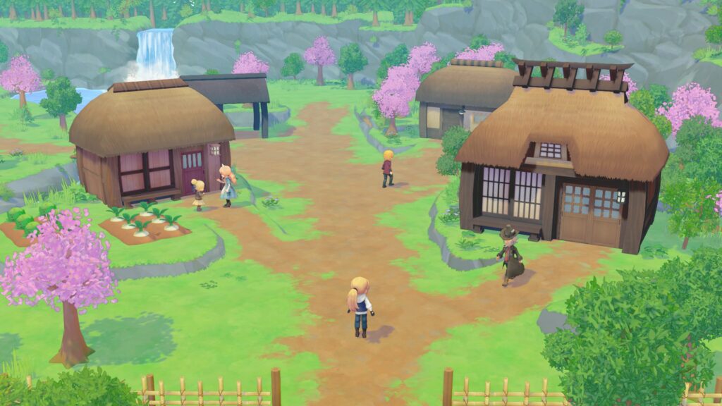 In Windswept Falls, featuring cottages next to a forest and waterfall.