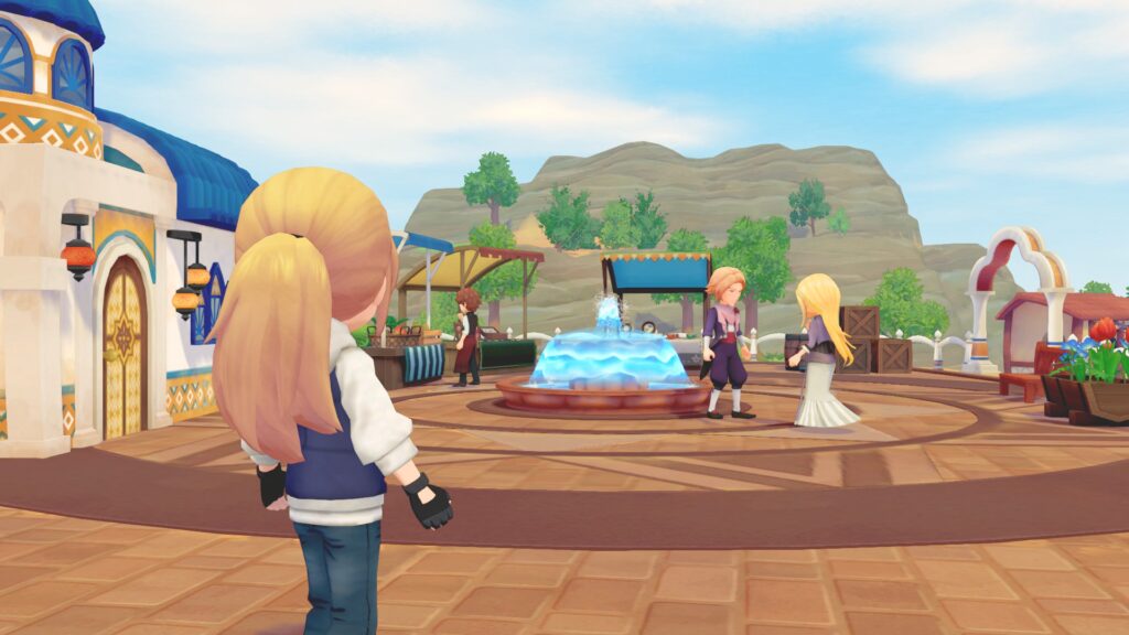 In Terracotta Oasis, featuring shop stalls around a fountain.
