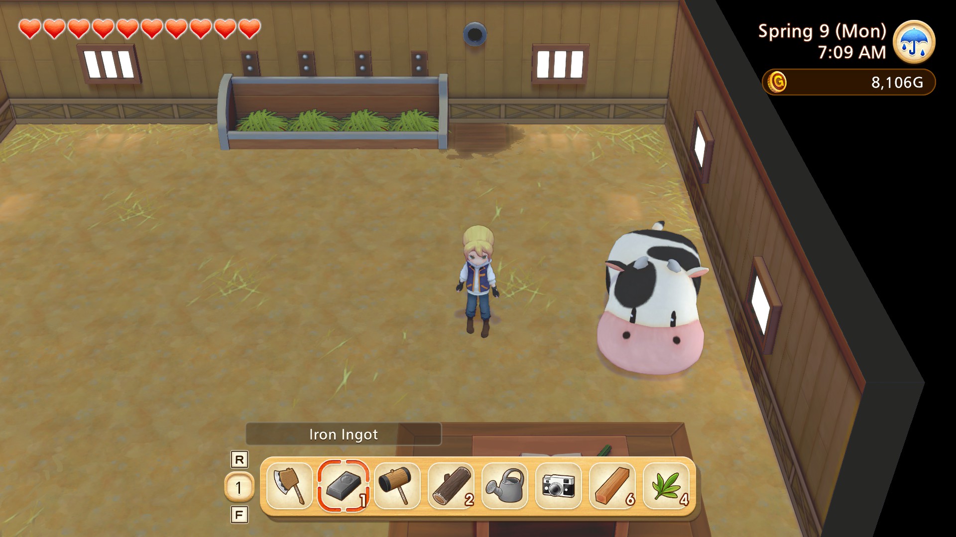 My protagonist stands in a barn next to her cow.