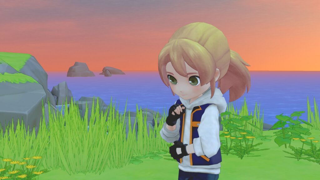My protagonist stands thinking next to the sea, backlit by a sunset.