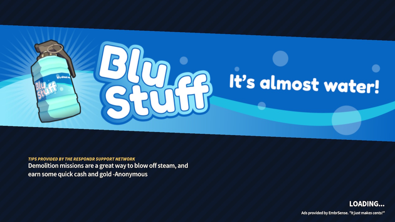 On the left is a bottle styled as a grenade with the text 'Blu Stuff It's almost water!'