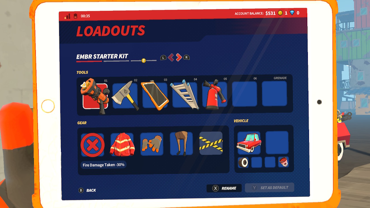 The text 'Loadouts' is at the top of the image with different firefighting equipment and gear shown below.
