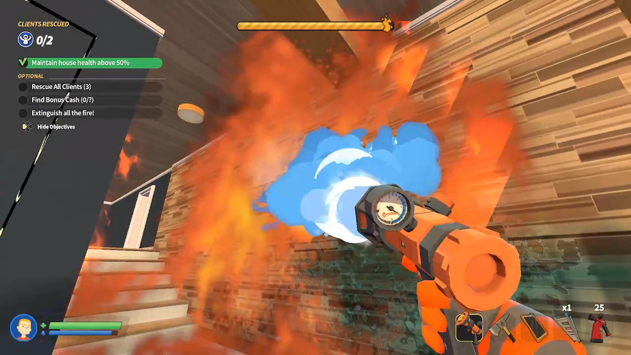 In the centre of the image water is fired at the exterior of a building on fire.