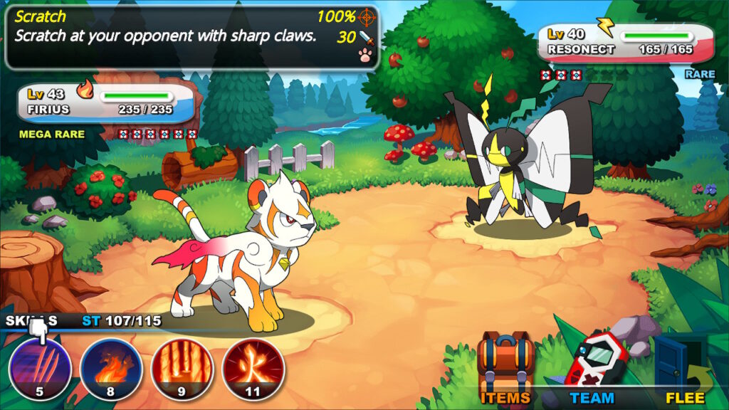Firius attacking resonect in a standard battle. You can see the various attacks, available items, and swap members of the team.