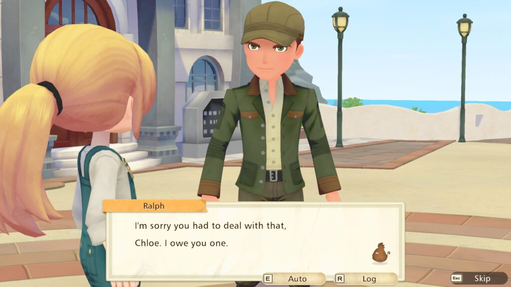 A marriage candidate, Ralph, stands next to my protagonist, with a dialogue box at the bottom saying "I'm sorry you had to deal with that, Chloe. I owe you one."