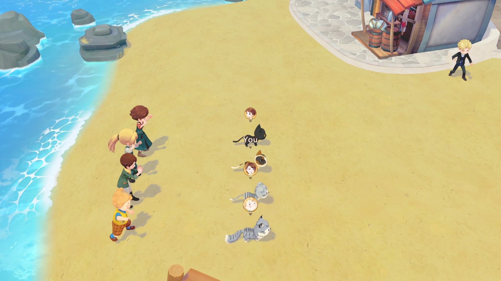 4 people including my protagonist stand on a beach with their cats at the start of a race.