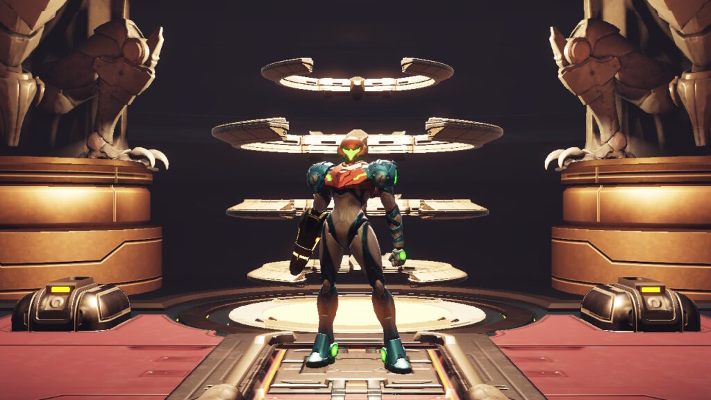 Samus standing in the center of the screen around other technology, reporting in