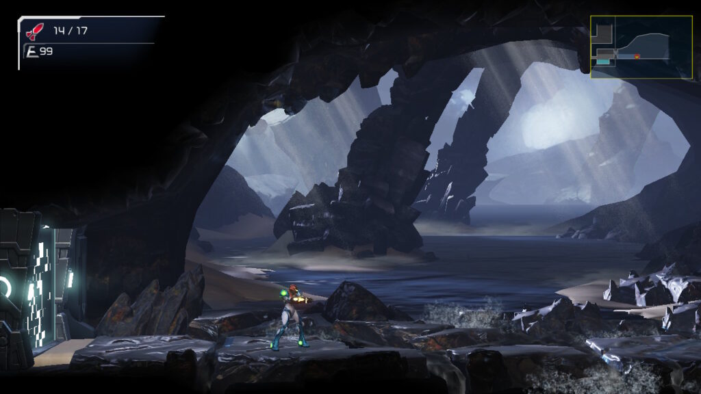 A moment of quiet in the madness. Samus is walking in a rocky terrain looking rightward