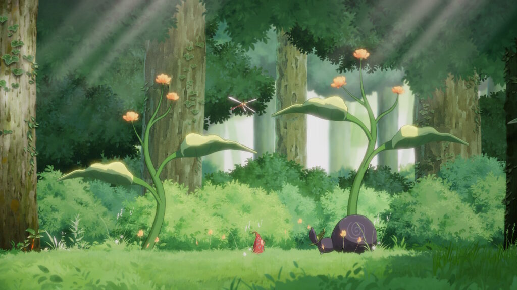 the fairy is standing next to a beetle underneath flowers
