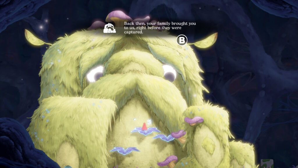 The fairy is looking at a mossy rock