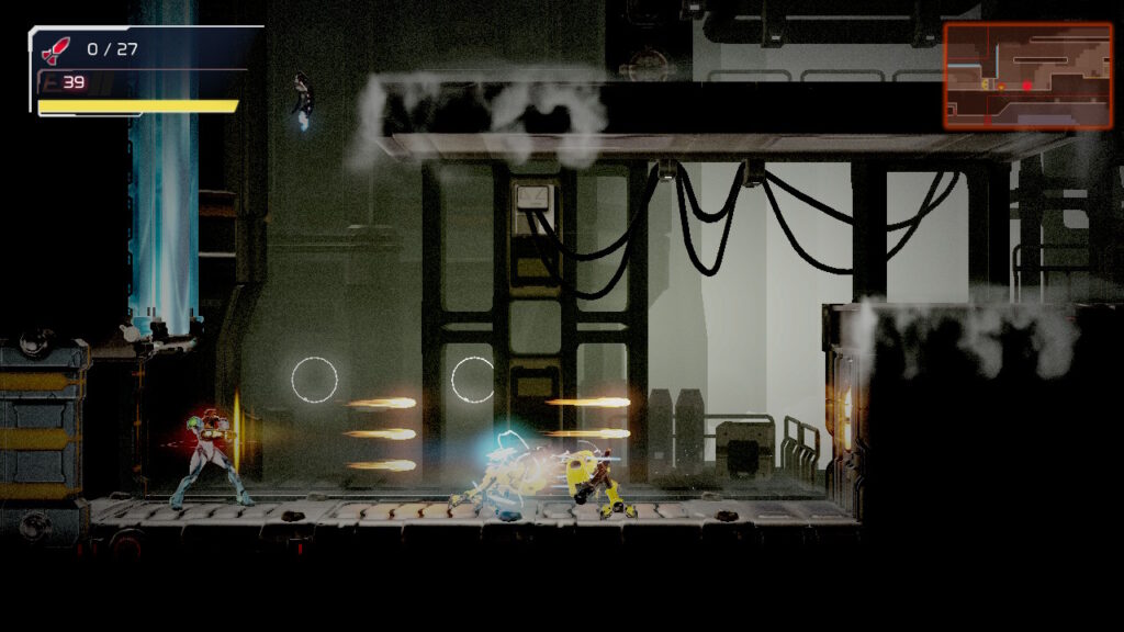 Samus firing her weaponry at a mechanical beast