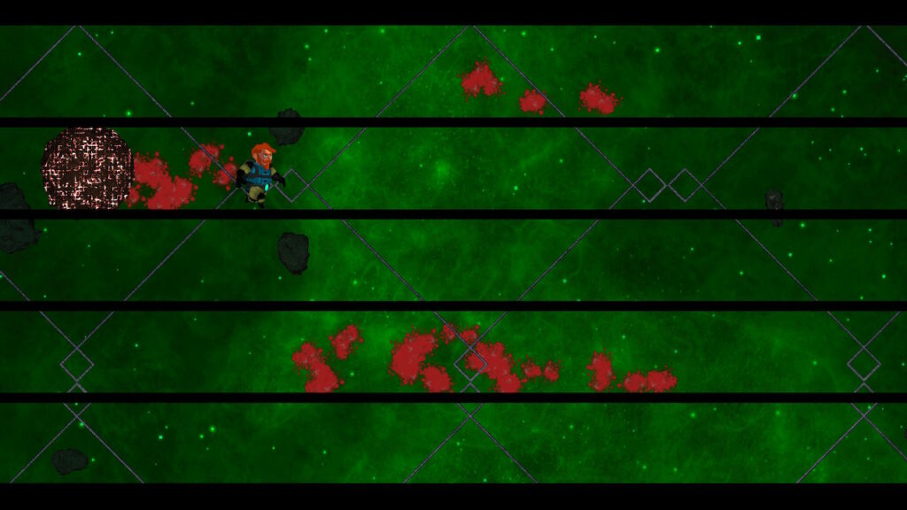 Mike runs along a corridor from a boulder. Blood spatters cover some of the walls.
