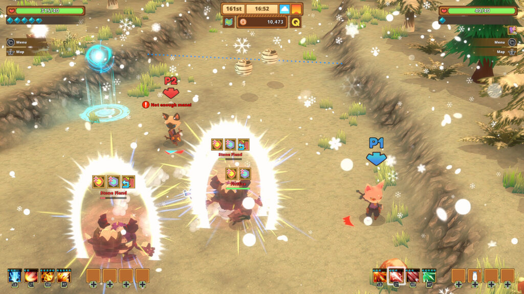 Two cat characters fight against multiple enemies on a sandy battlefield.
Kitaria Fables Nintendo Switch Review
