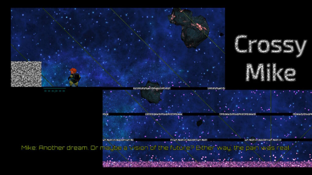Mike stands at the start of a section with platforms floating over dangerous purple energy.