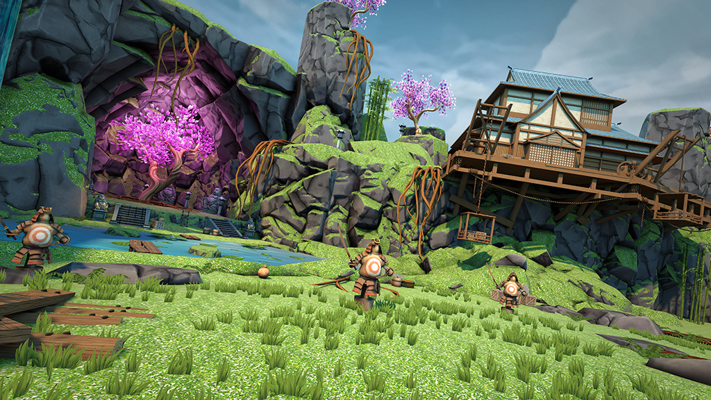 Training dummies standing in the grass, with a glowing cherry blossom tree and a cliffside Japanese style home.