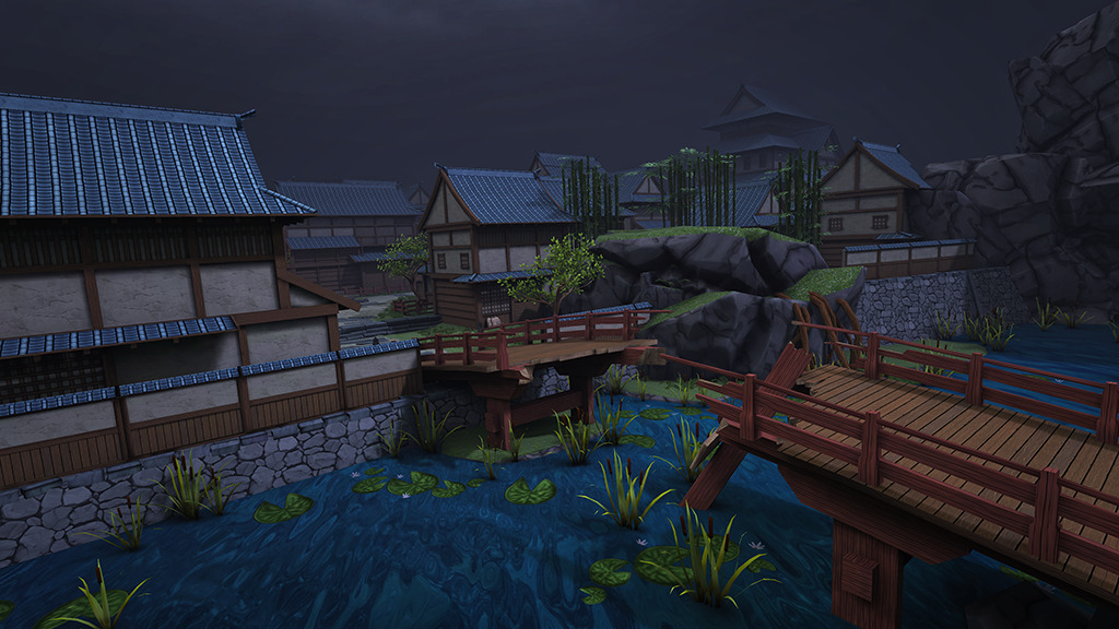 A Japanese village at night with a broken bridge across a river.