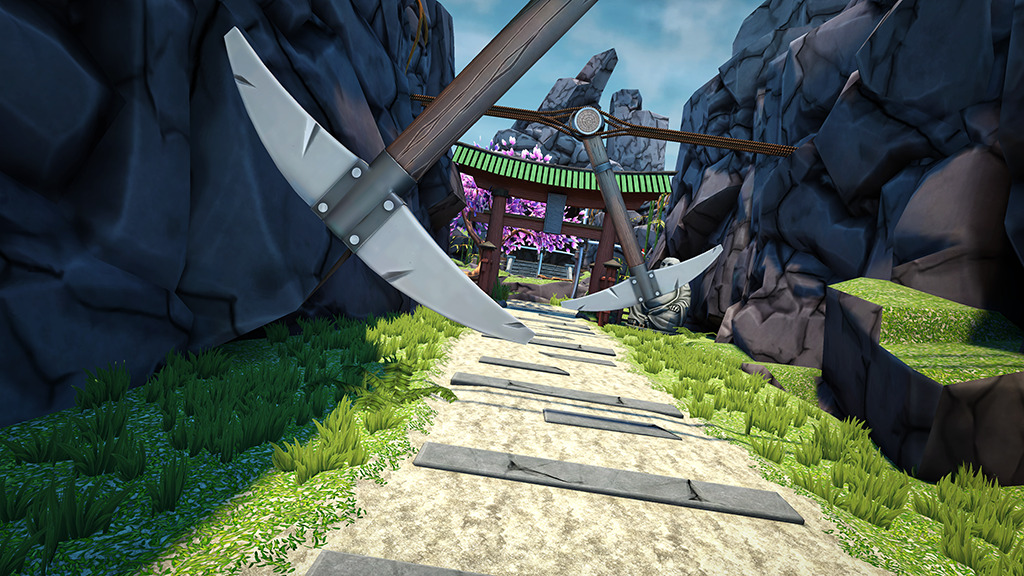 Battle axes swing across a path.