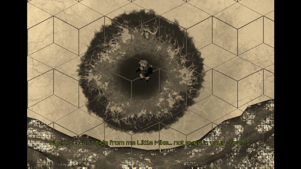 Mike is floating or falling in front of a giant eye.