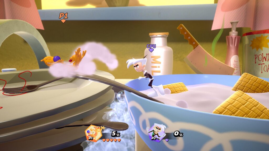 Danny Phantom runs across a cereal bowl towards CatDog who are running away in a cloud of smoke