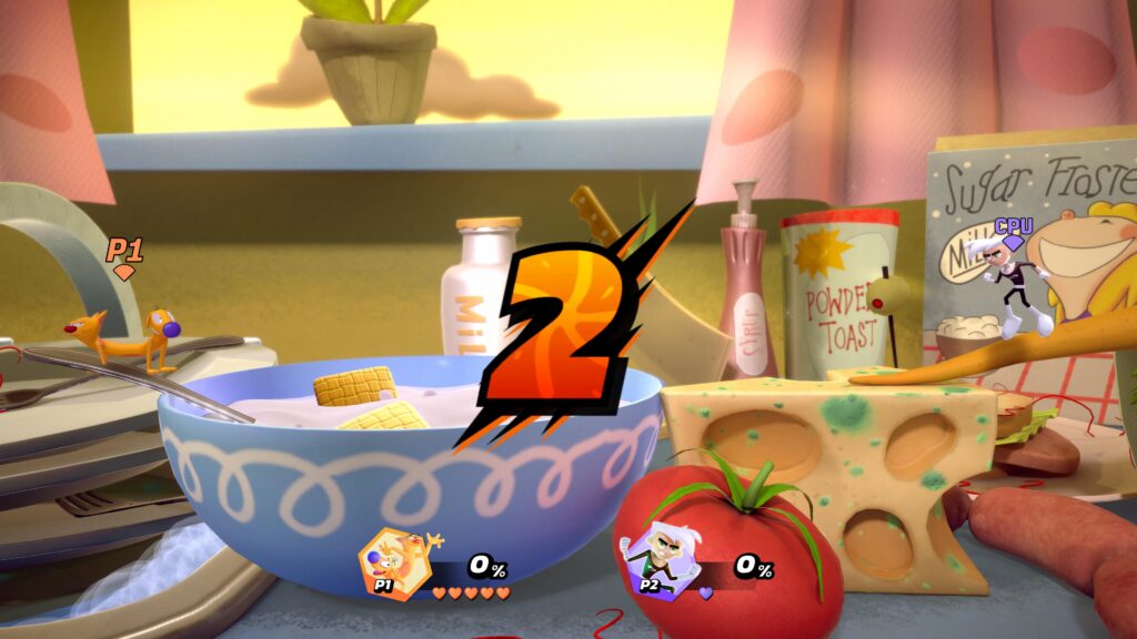 CatDog and Danny Phantom stand opposite sides of a kitchen counter themed stage, with mouldy cheese and a bowl of cereal.
