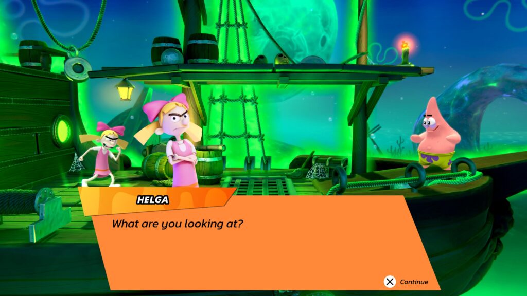 Helga and Patrick Star battle on the Flying Dutchman stage, with an orange dialogue box showing that Helga is saying 'What are you looking at?'