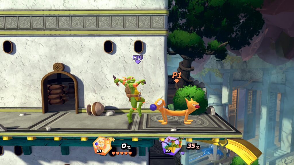 Michelangelo the Ninja Turtle about to strike CatDog on the side of a building