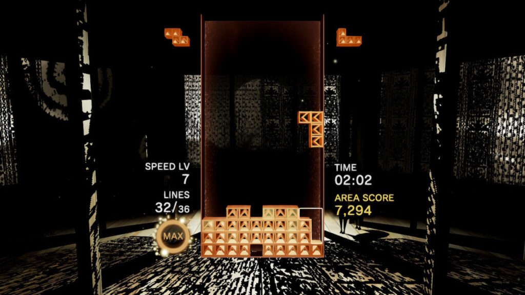 A dark industrial level of Tetris Effect: Connected.