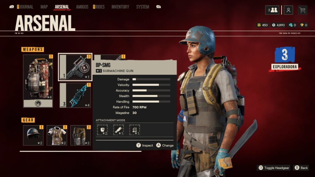 A screen showing a character and their different weapons  and gear