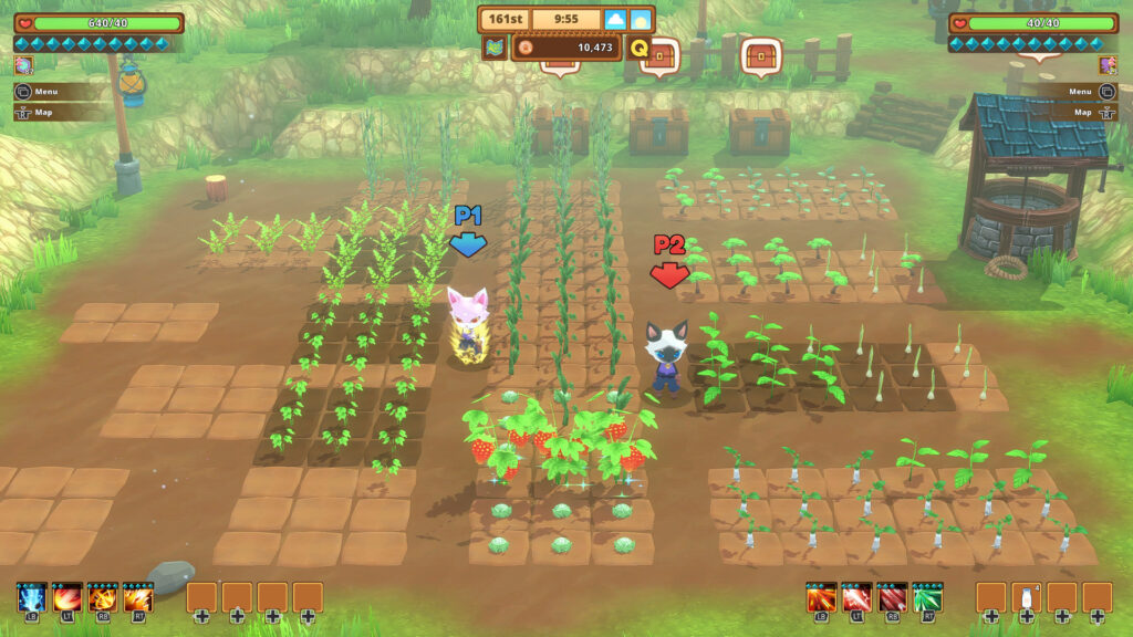 Two cat characters survey their growing crops in the field at Thunderbunn Farm.
Kitaria Fables Nintendo Switch Review