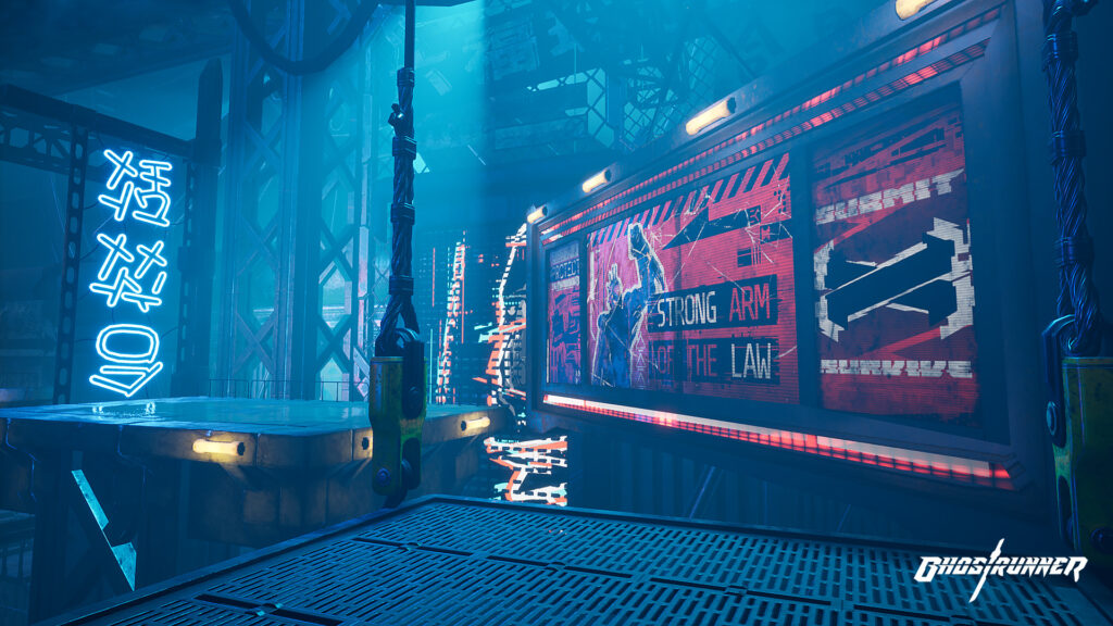 A blue-lit environment presents the player with the platforming challenge of continuous leaps and wall-running.